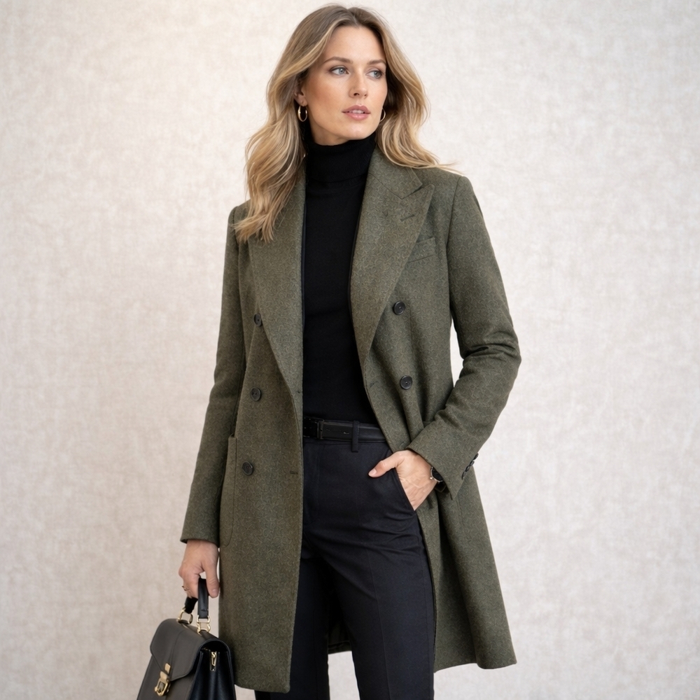 SuitSupply Wool Forest Green Double Breasted Midi Overcoat